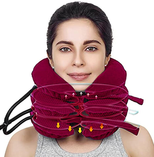 Cervical Traction Device Neck Support Inflatable Pillow - Red_0
